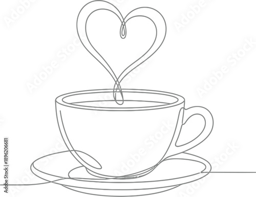 Minimalist continuous line art depicts a steaming coffee cup with delicate heart shaped vapor rising above the hot beverage on a light background