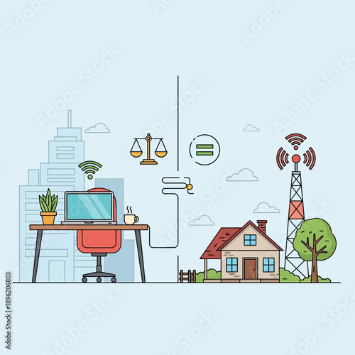 Remote work setup connects to a suburban house via connectivity icons