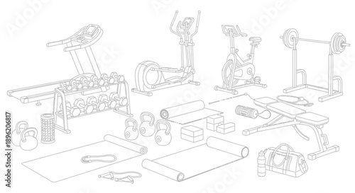Collection of various home gym equipment essentials including cardio machines weights yoga mats and accessories for a complete fitness routine