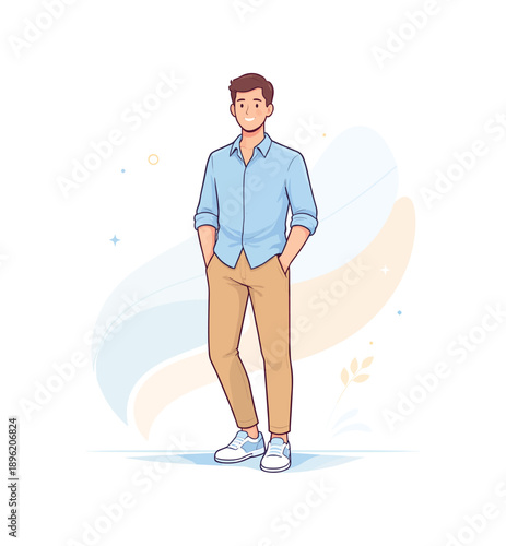 Smiling man in casual outfit with hands in pockets, flat vector illustration