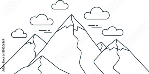 Stylized illustration featuring snow-capped mountain peaks ascending toward the sky above a simple pastel blue background with fluffy white clouds.
