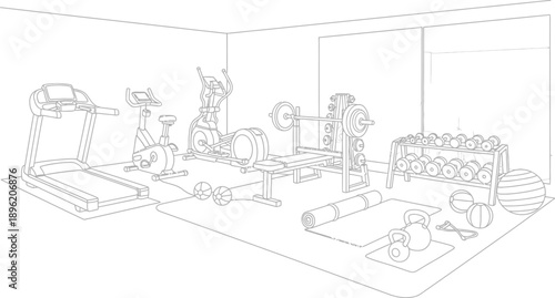 Line art illustration of a well equipped home or commercial fitness center featuring various cardio and weight training equipment for exercise routines.