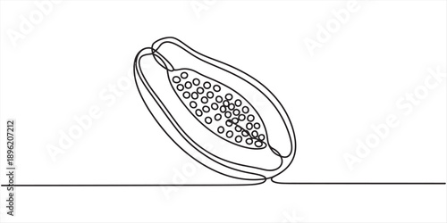 Single continuous line drawing of a delicious ripe papaya fruit cut in half