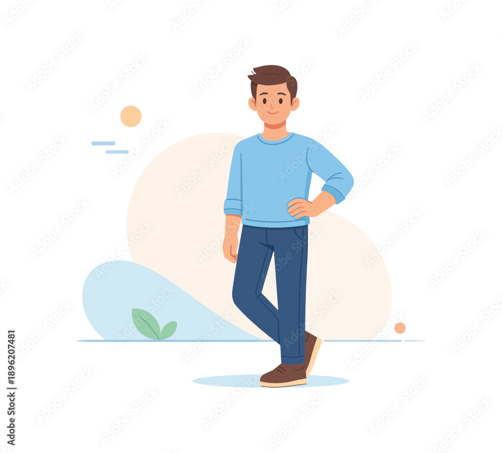 Fototapeta premium Man standing in casual outfit, flat vector illustration