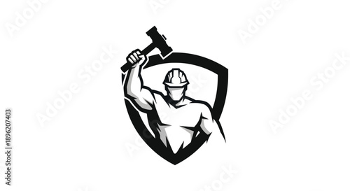 Construction worker logo with hammer and shield