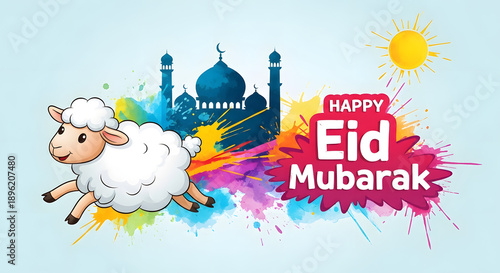 Cute Cartoon Sheep and Mosque Silhouette for Happy Eid Mubarak Celebration.