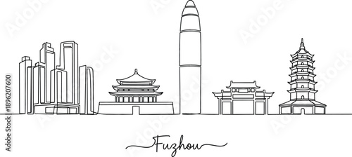 Artistic continuous line drawing of Fuzhou China skyline featuring traditional pagodas and modern skyscrapers in minimalist style.