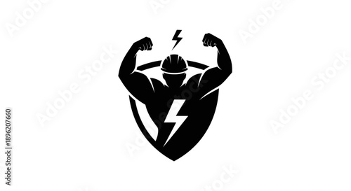 Strongman worker silhouette with lightning bolt