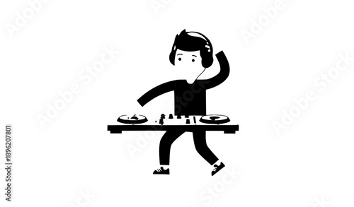Flat cartoon DJ boy character performing with mixing desk for music event and kids entertainment vector