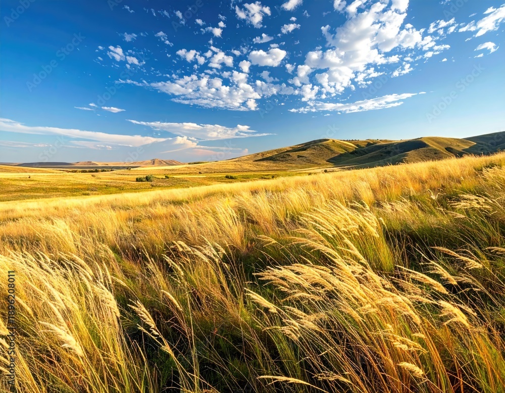Obraz premium Golden grass waves under a bright blue sky with fluffy clouds.