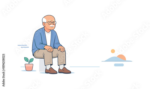 Elderly man sitting on bench by the lake at sunset, flat vector illustration