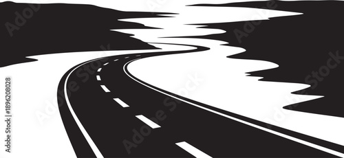 Winding road through a black and white landscape scene