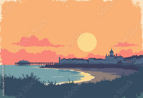 Vertical vintage poster Brighton, UK Royal Pavilion palace silhouette against seaside sunset Retro travel style