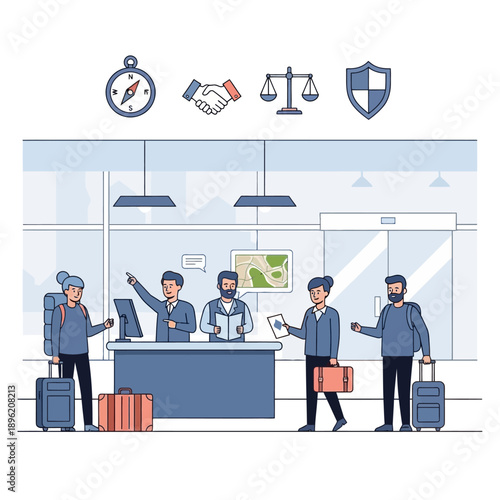 Travel agency reception with diverse travelers and staff, symbolizing global tourism and services