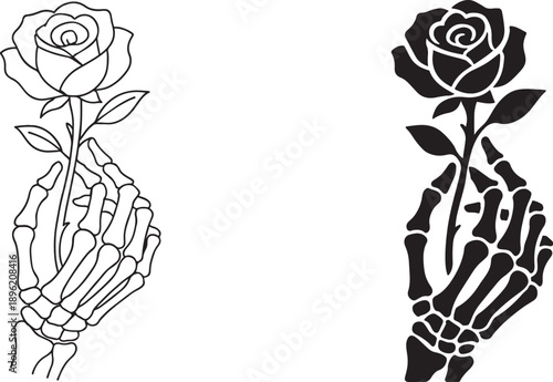 Cuadro en lienzo Amazing fine line art where bones and roses blend beautifully, cool tattoo style vector design