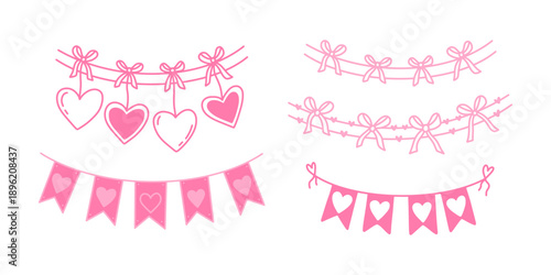 Collection of pink romantic hanging garlands with hearts, flags and bows. Decorative buntings for Valentine's Day or wedding party. Romantic hearts and bows pennants set.