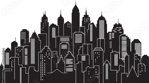 Black and white city skyline with tall buildings illustration