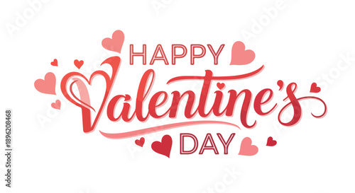 A festive Happy Valentine's Day greeting with red hearts and cursive text on a white background.