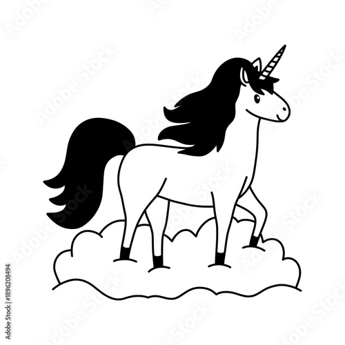 Cute unicorn character standing on cloud. Black line art illustration for children coloring book or nursery design. Unicorn silhouette, isolated on white background.