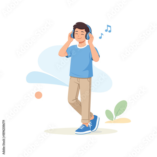 Man listening to music with headphones, flat vector illustration