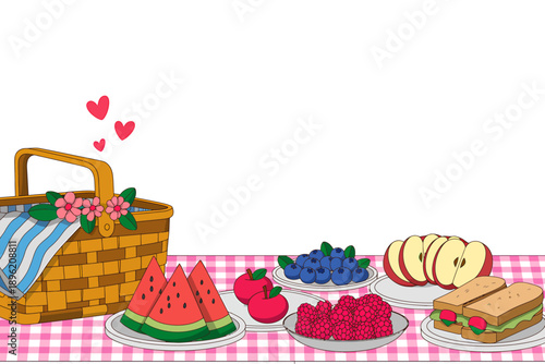 Colorful picnic setup with food and basket on table