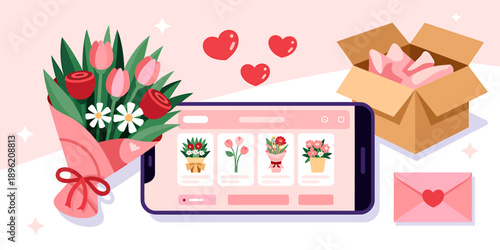 Smartphone with online flower shopping website on screen surrounded by bouquet and gifts  Valentines Day concept