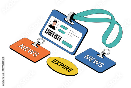 Colorful cartoon id card with news tags and expire sticker