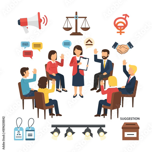 Roundtable discussion and voting process in business meeting with collaboration icons