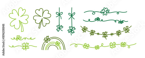 St. Patrick's Day shamrock clovers and rainbow line art set. Minimalist green dividers, borders and decorative elements for Irish holiday greeting cards. Patrick's Day doodle lucky elemens set.