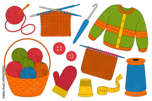 Colorful knitting and crochet supplies with sweater and mittens on white background
