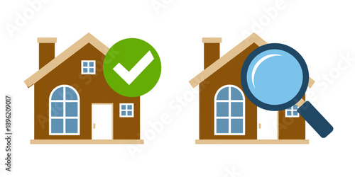 Two brown houses with magnifying glass and green check mark  home inspection concept