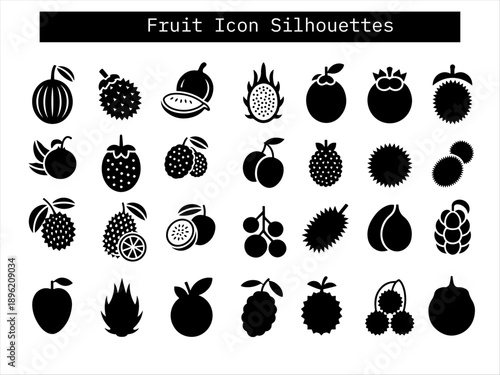 A grid of 25 fruit silhouettes including durian, mangosteen, lychee, dragon fruit, and rambutan, ideal for educational, tropical, and food-themed design projects.