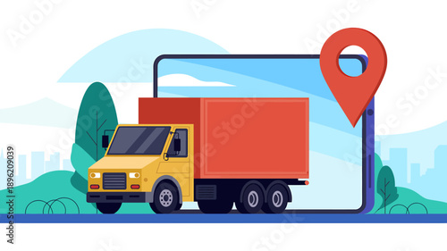 Yellow truck with red trailer and map pin on smartphone screen outdoors