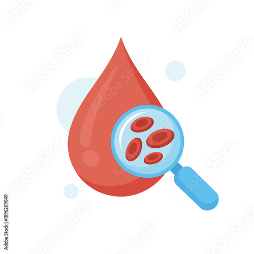 Blood drop with magnifying glass showing red blood cells in science medical concept