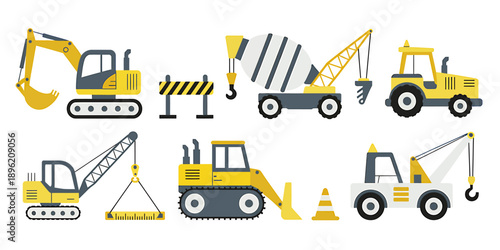 Collection of construction vehicles and equipment on white background