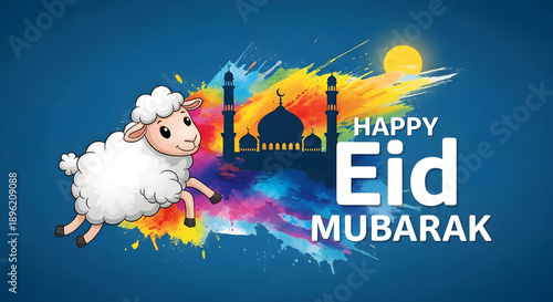 Cute cartoon sheep celebrating Eid Mubarak with mosque silhouette and colorful splashes.