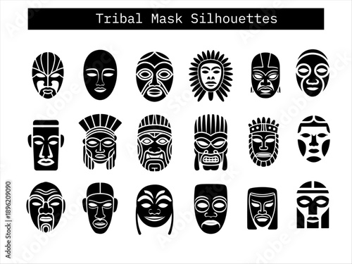 Twenty stylized tribal mask silhouettes with distinct facial expressions and decorative elements, perfect for cultural art, symbolism, and design projects.