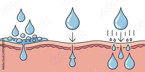 Infographic of water drops on and in layers of human skin  absorption process