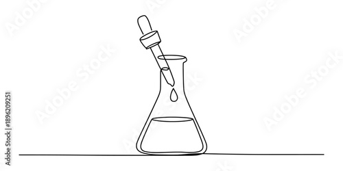 Single continuous line art drawing illustrating a science experiment with a flask and pipette