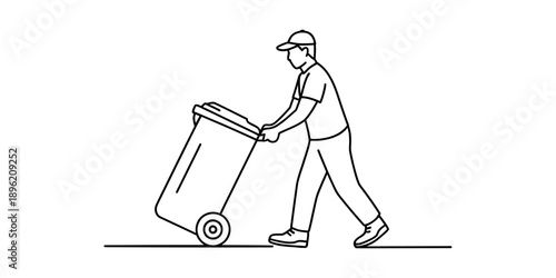 Sanitation worker pushing a wheeled garbage bin, line art illustration representing waste management