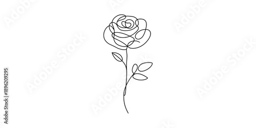 Minimalist continuous single line art drawing of a single rose flower with stem and leaves