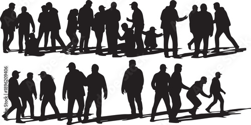 Silhouettes of people walking in various group formations together