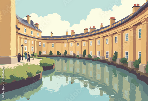Vertical retro poster Bath, UK Royal Crescent architecture sweeping curve warm honeycolored stone Flat