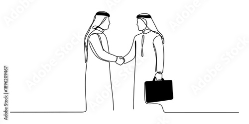 Continuous line drawing of two arab businessmen shaking hands, symbolizing agreement and partnership.