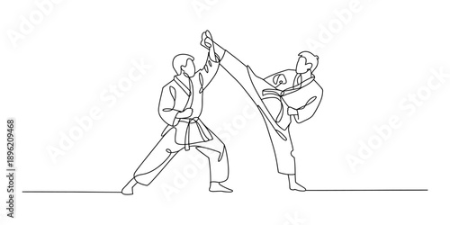 Continuous line art drawing of two martial artists sparring in a high kick and block maneuver