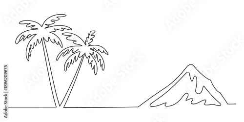 Minimalist single line art drawing of a tropical island scene featuring palm trees and a volcano