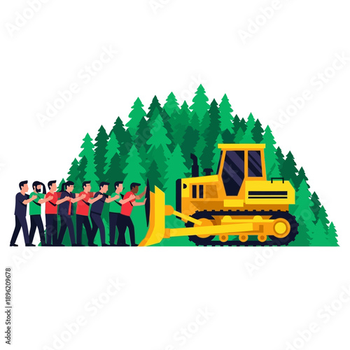 Team pushing bulldozer to halt deforestation in lush green forest environment