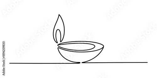 Minimalist single continuous line drawing of a diya lamp with flame on white background