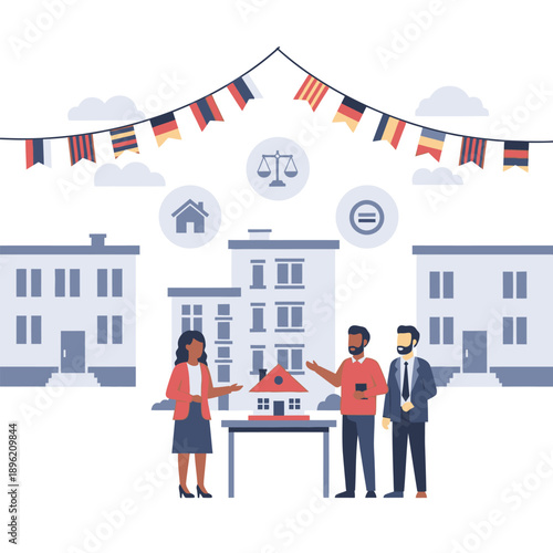 Real estate agents presenting house model to potential buyers in front of buildings