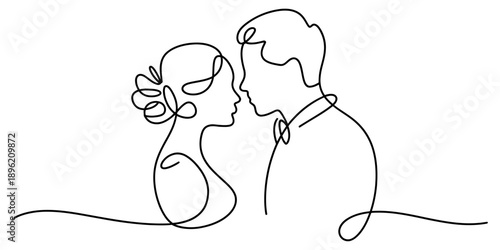 A minimalist single continuous line drawing capturing a romantic couple facing each other